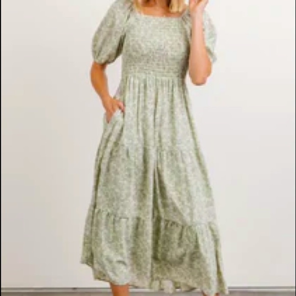 Sage green smocked midi dress
